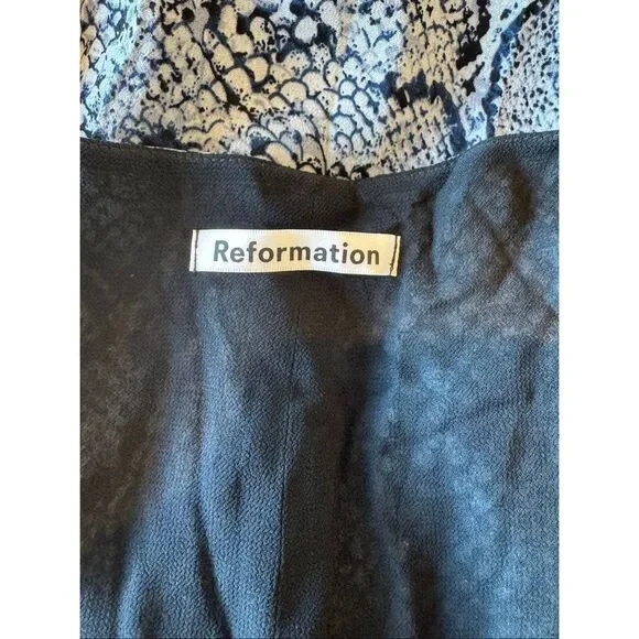 Reformation Aries Midi Dress Blue Snakeskin Smocked Plunge Long Sleeve Small - Picture 7 of 8